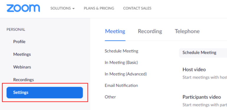 Zoom web portal interface