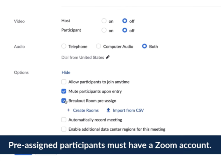 Pre-assigning participants through Zoom.