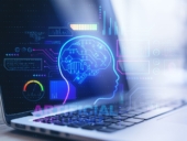 Close Up Of Laptop With Abstract Glowing Ai Head Interface On Blurry Background.