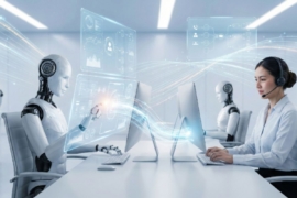 person working with a robot in an office environment