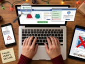 A man shopping online on his laptop for christmas.