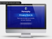 A desktop monitor with Pansophy advertisement.