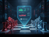 AI-generated image concept of chinese-themed chess pieces playing againts regular-themed ones with holistic AI and security shield overlay in between.