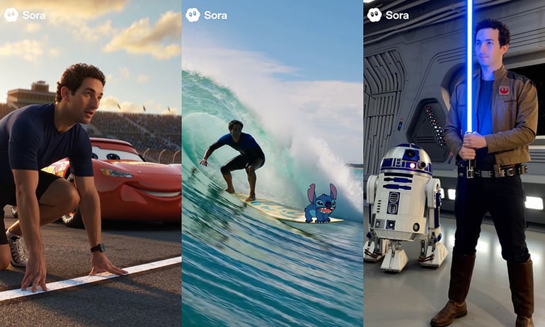 Three scenes show a man racing, surfing with Stitch, and holding a lightsaber beside R2-D2.