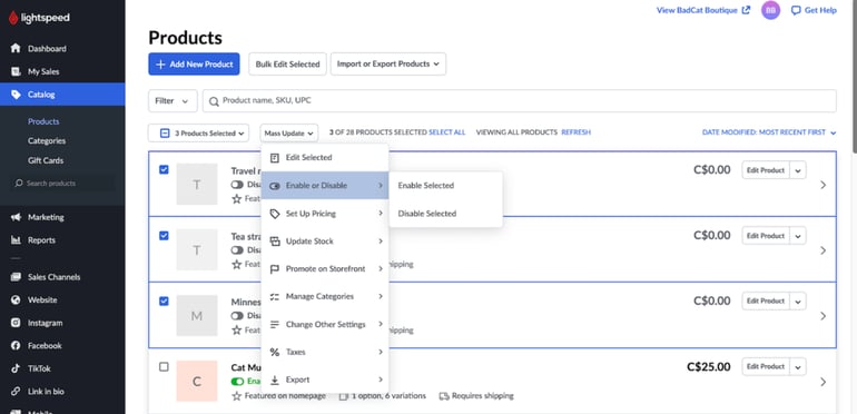 Lightspeed enable disable ecommerce in person products sync