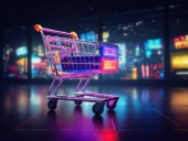 Shopping cart with neon colorful can be viewed in modern stores with copy space