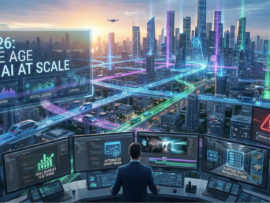 A futuristic city with glowing data networks and control room screens called “2026: The Age of AI at Scale”.