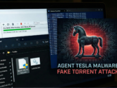 Laptop screen showing Agent Tesla malware fake torrent attack disguised as movie download