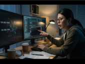 IT professional analyzing code and network diagrams related to critical security flaws