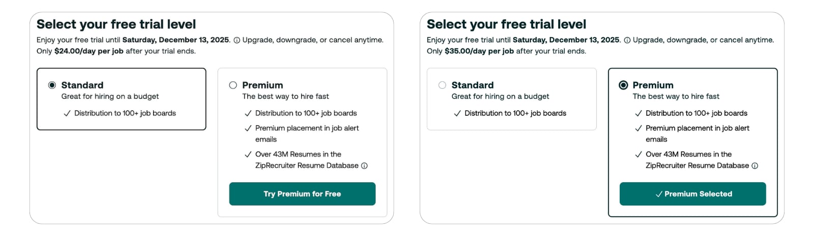 ZipRecruiter's free trial sign-up process previews the costs for the Standard plan ($24/day/job) and Premium plan ($35/day/job).