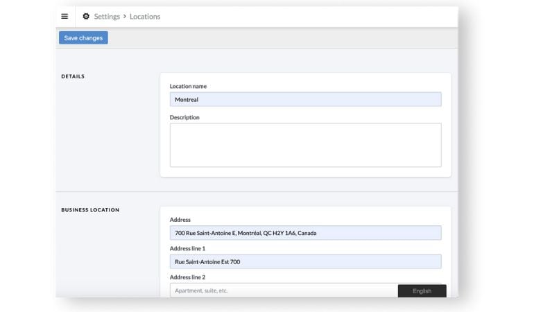Lightspeed Retail’s Locations settings page showing fields for location name, description, and business address details.