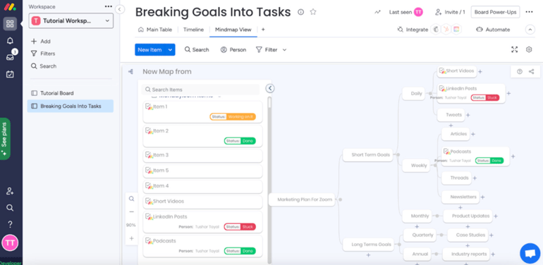A monday.com workspace showing a mind map titled “Breaking Goals Into Tasks” with branches for short- and long-term goals linked to posts, videos, and newsletters, representing structured goal management.