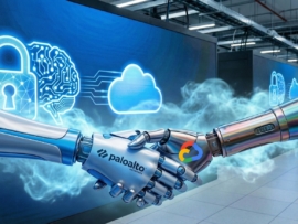 Two robot arms shaking hands. One represents Palo Alto Networks and the other represents Google Cloud.