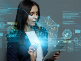 woman exploring new technology via hologram