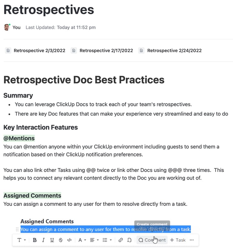 A ClickUp Docs page showing a retrospective best practices guide with features like @mentions and assigned comments that allow teams to tag members, link tasks, and resolve feedback within the document.