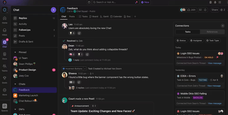 ClickUp interface displaying team chats, task lists, and connections between messages and assigned work items in dark mode.