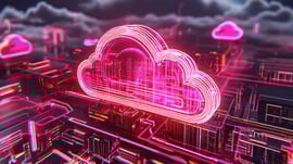 A glowing pink neon cloud symbol sits above a circuit board, illustrating futuristic cloud computing and data networking technology.