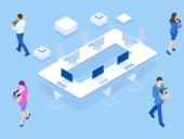 Unemployment, loss job, crisis, jobless and employee job reduction. Dismissed sad man carrying box with her things. Isometric vector illustration