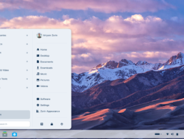 Zorin OS 17 (or 18, depending on the exact version) desktop screenshot showing the application menu and snow-capped mountain wallpaper