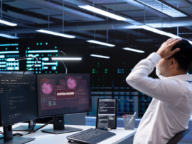 Man at computer with 'System Hacked' alert, a critical cyber attack warning.