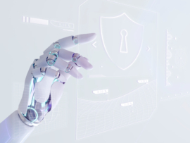 AI hand touching a hologram of security network.