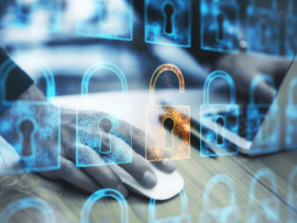 Close up of hands using mouse with hologram of padlocks.