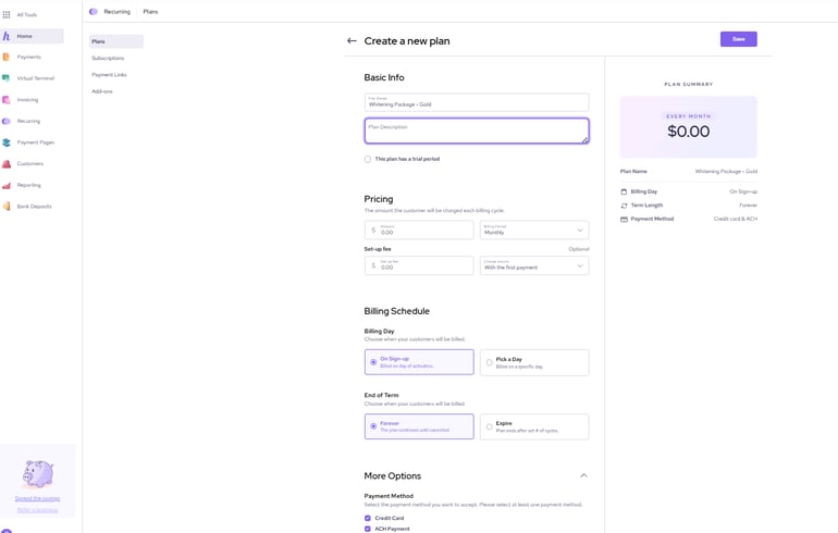 Helcim’s dashboard for creating invoices and recurring billing plans, with built-in subscription and payment scheduling tools. 