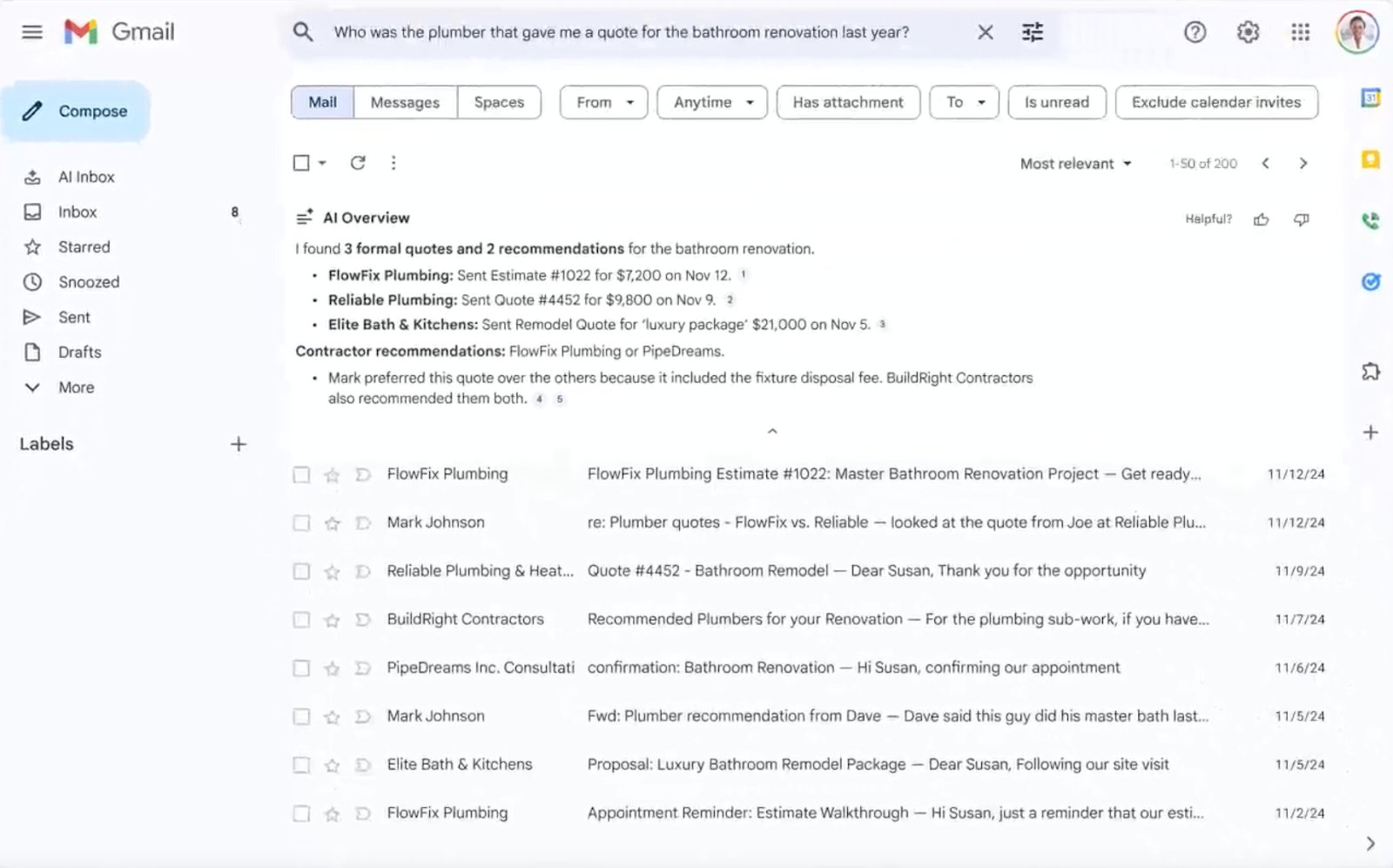 AI Overview collects relevant information from multiple emails to answer your question without having to open individual messages.