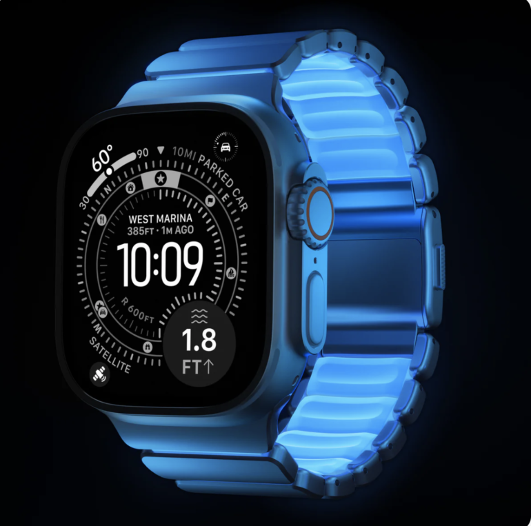 Titanium and FKM rubber link bracelet band for Apple Watch 49mm that glows in the dark"
