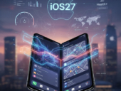 AI generated image of what iOS27 would look like to Apple products with 2 iPhones below it.