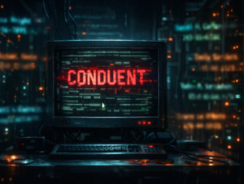 Illustration of a cyberattack on Conduent showing the company name in red text on a retro computer monitor in a dark, data-filled server room.