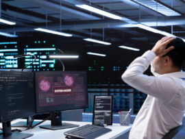 Close up of data center employee stressed by security breach alert