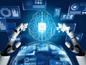 Illustration of robotic hands interacting with a digital human brain and holographic data interfaces, representing artificial intelligence and global data processing.