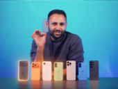 Tech reviewer Arun Maini (Mrwhosetheboss) comparing the design and features of the full Apple iPhone 17 series, including iPhone 17, Air, Pro, and Pro Max models in various colors.