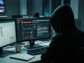 A computer hacker in a dark hoodie in a dimly lit office monitoring a 'Data Breach Alert' dashboard across multiple screens displaying code and financial spreadsheets.