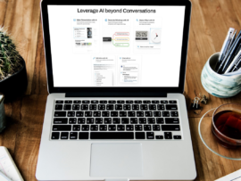 Modern workspace with a laptop displaying an AI software interface featuring modules for presentations, mindmaps, and chat.