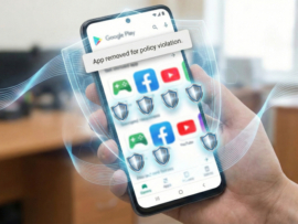 A smartphone with notification about an app removed due to policy violation.