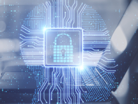 AI technology with lock icon and a laptop in the background.