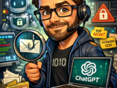 AI generated caricature style image of a man using ChatGPT.