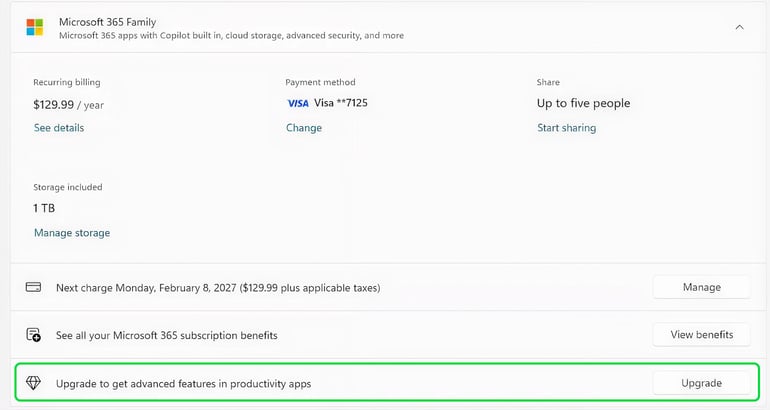 New upgrade prompt on the Accounts page.