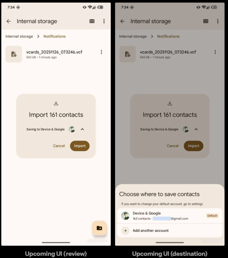 Screenshots of an **upcoming UI** update for managing and importing **Google contacts** on an Android mobile device.