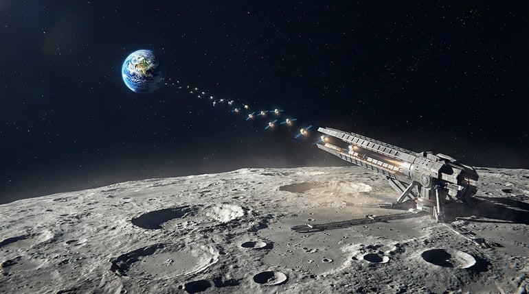 A high tech catapult from the moon sending out satellites towards earth.