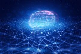 A hologram of an AI brain with interconnected network of data on blue theme background.