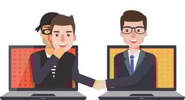 A hacker posing as a different person and shaking hands with a target user.