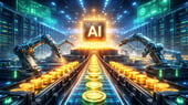 Futuristic AI factory inside a glowing data center, with robotic arms, server racks, and bright digital tokens moving along conveyor belts.