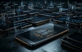 Close-up of a cracked smartphone screen revealing a broken internal processor chip amidst a field of dark, discarded mobile phones.