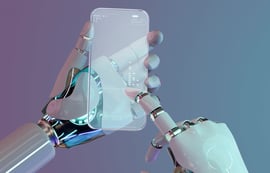 Futuristic robotic hands interacting with a transparent, glowing glass smartphone. The image features high-tech cyborg fingers touching a digital interface on a purple and blue gradient background.