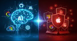 A split digital illustration contrasting glowing blue AI innovation and tech company logos on the left with red cybersecurity shields and brand logos on the right.
