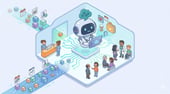 An isometric illustration of a cute medical robot managing data and scheduling in a bustling clinic.
