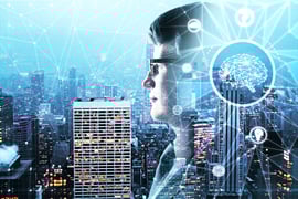 Abstract side portrait of a man with polygonal AI brain on night city background.